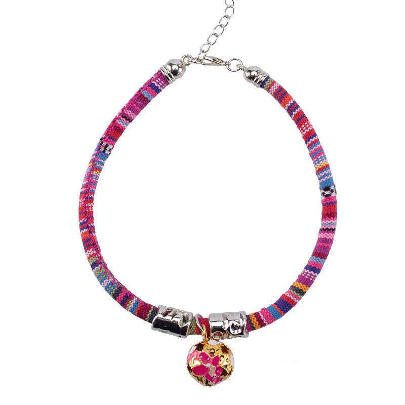 HKM-1105853 Ethnic Style Adjustable Bell Collar for Cats, Dogs, and Rabbits in Blue, Red, Green, and Rose Red