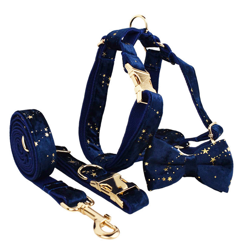 HKM-110803 Soft Velvet Dog Collar Set with Bow, Flower, Rope, Vest, and Poop Bag - Adjustable Sizes XS to XL