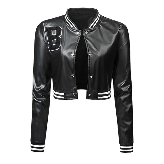 HKM-110995 Women's High-Waisted Cardigan Leather Jacket Slim Fit Baseball Style Custom Logo Embroidery Decoration Sporty Motorcycle Suit