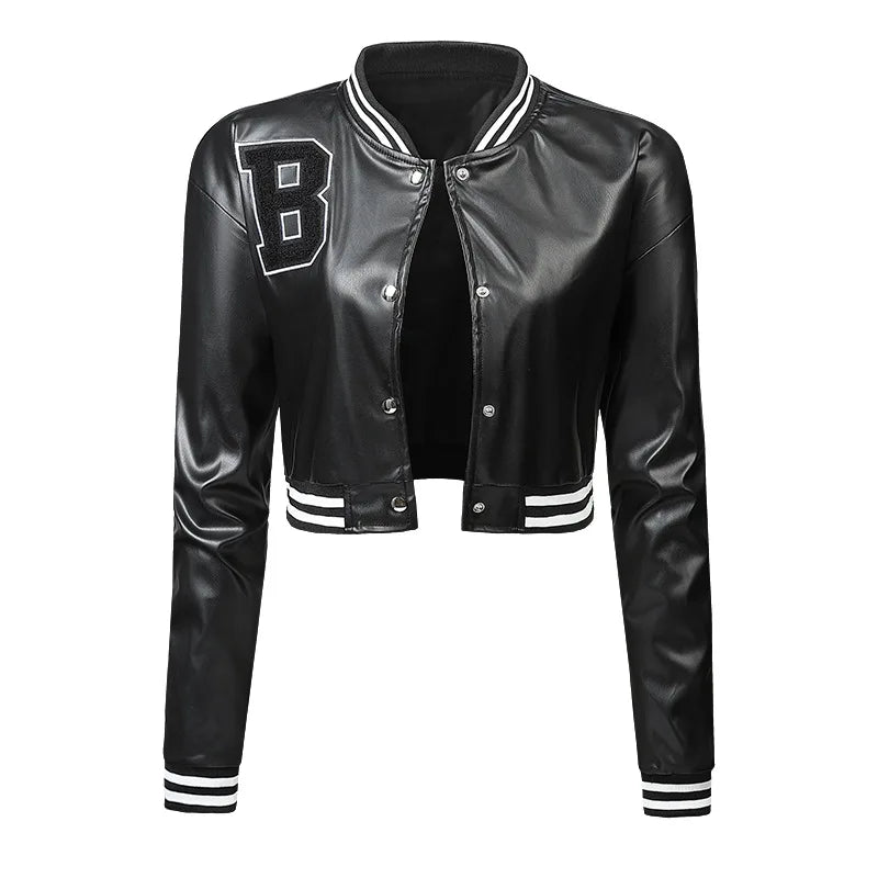 HKM-110995 Women's High-Waisted Cardigan Leather Jacket Slim Fit Baseball Style Custom Logo Embroidery Decoration Sporty Motorcycle Suit