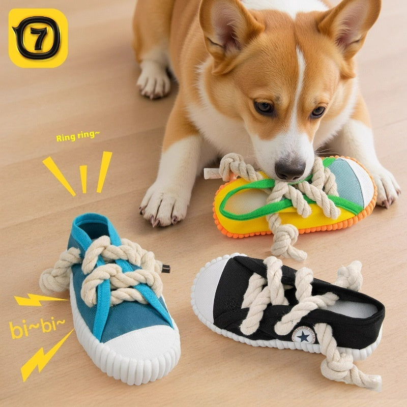 HKM-1110973 Dog Sound Slippers Toy for Stress Relief - Durable Molar Chew Toy in Rock Yellow, Black, and Sea Fog Blue