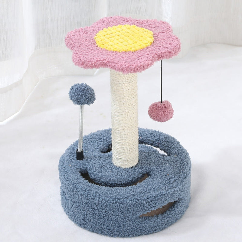 HKM-1112637 Multifunctional Cat Tree with Scraping Rod and Teasing Toy in Six-Petal Sunflower Design