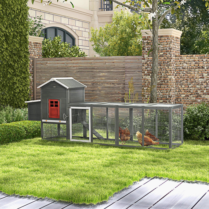 HKM-1113021 Extra Large Wooden Chicken Coop with Asphalt Roof, Nesting Box, and Run for 3-6 Chickens - Gray