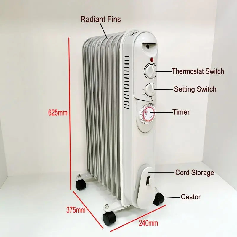 HKM-111379 Electric Oil Filled Radiator Heater with Timer - 1500W/2000W/2500W Adjustable Thermostat, Overheat & Tip-Over Protection for Indoor Use