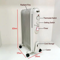 HKM-111379 Electric Oil Filled Radiator Heater with Timer - 1500W/2000W/2500W Adjustable Thermostat, Overheat & Tip-Over Protection for Indoor Use