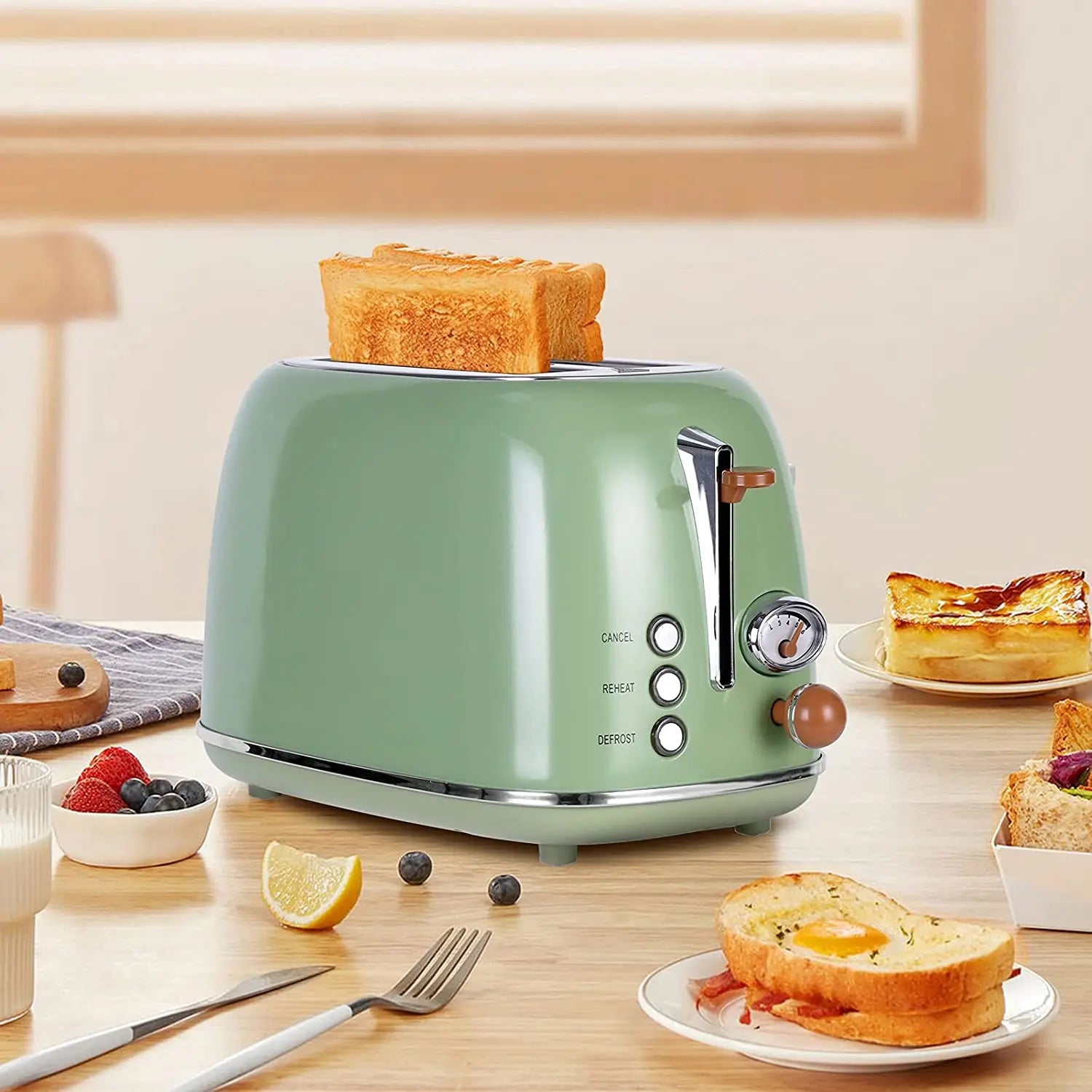 HKM-111507 Retro Stainless Steel Wide Slot Toaster for Bread and Waffles – 2 Slice Electric Toaster