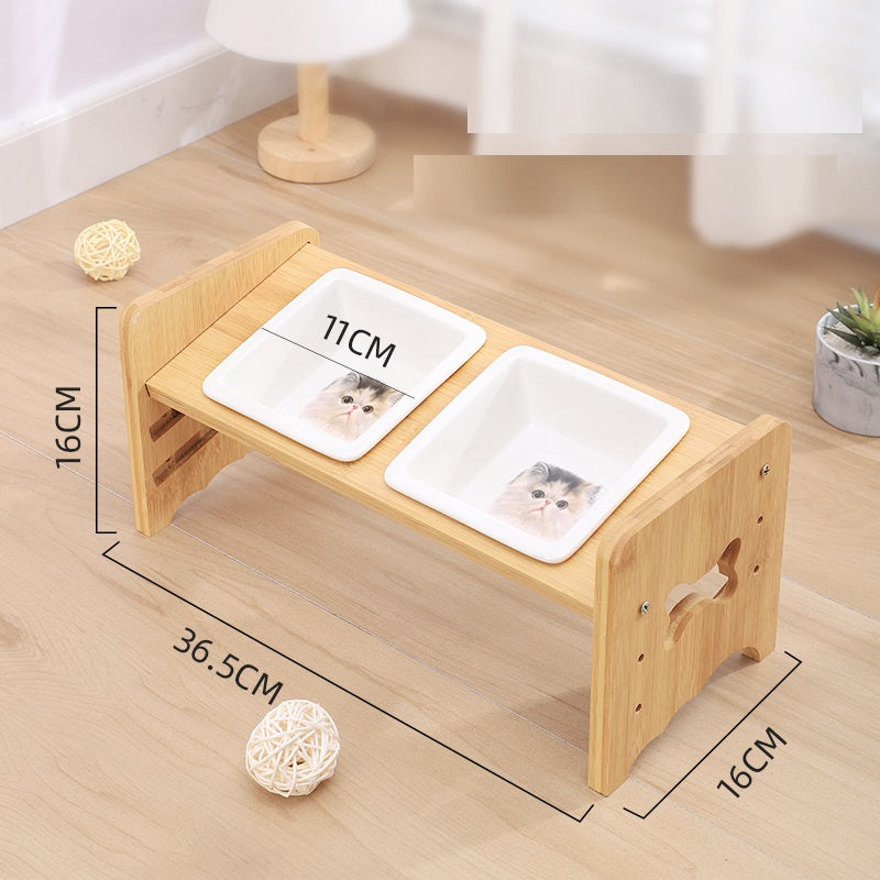 HKM-1115325 Adjustable Pet Feeding Bowl with Bamboo Base and Ceramic Dish for Cats and Small Dogs