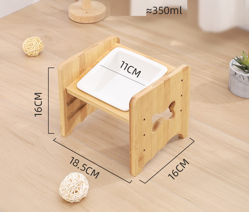 HKM-1115325 Adjustable Pet Feeding Bowl with Bamboo Base and Ceramic Dish for Cats and Small Dogs