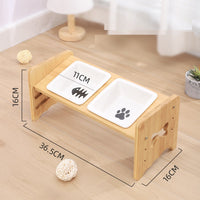 HKM-1115325 Adjustable Pet Feeding Bowl with Bamboo Base and Ceramic Dish for Cats and Small Dogs