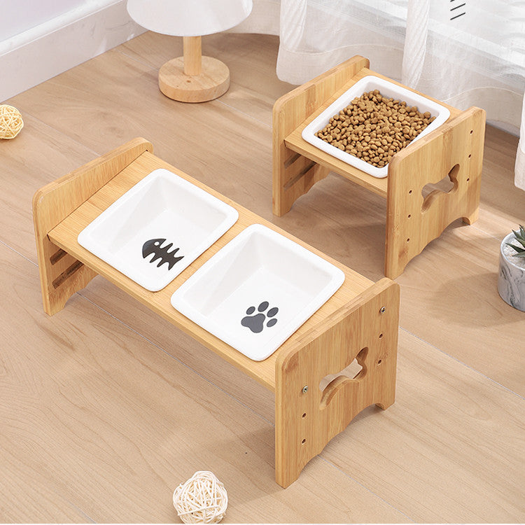 HKM-1115325 Adjustable Pet Feeding Bowl with Bamboo Base and Ceramic Dish for Cats and Small Dogs