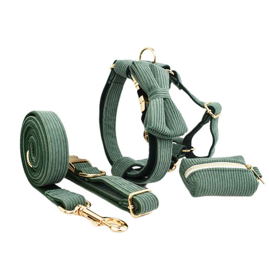 HKM-111635 Velvet Fabric Dog Collar Set with Adjustable Harness, Leash, Bow Knot, Flower, and Poop Bag