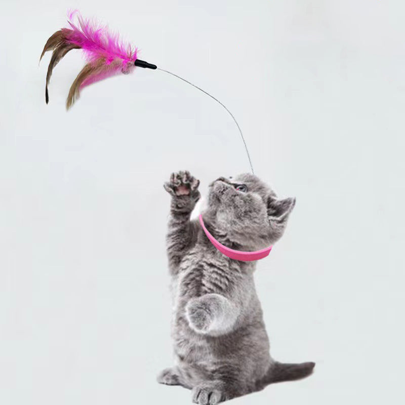 HKM-1116605 Adjustable Cat Feather Teasing Wand with Bell | Interactive Silicone Collar Toy for Cats