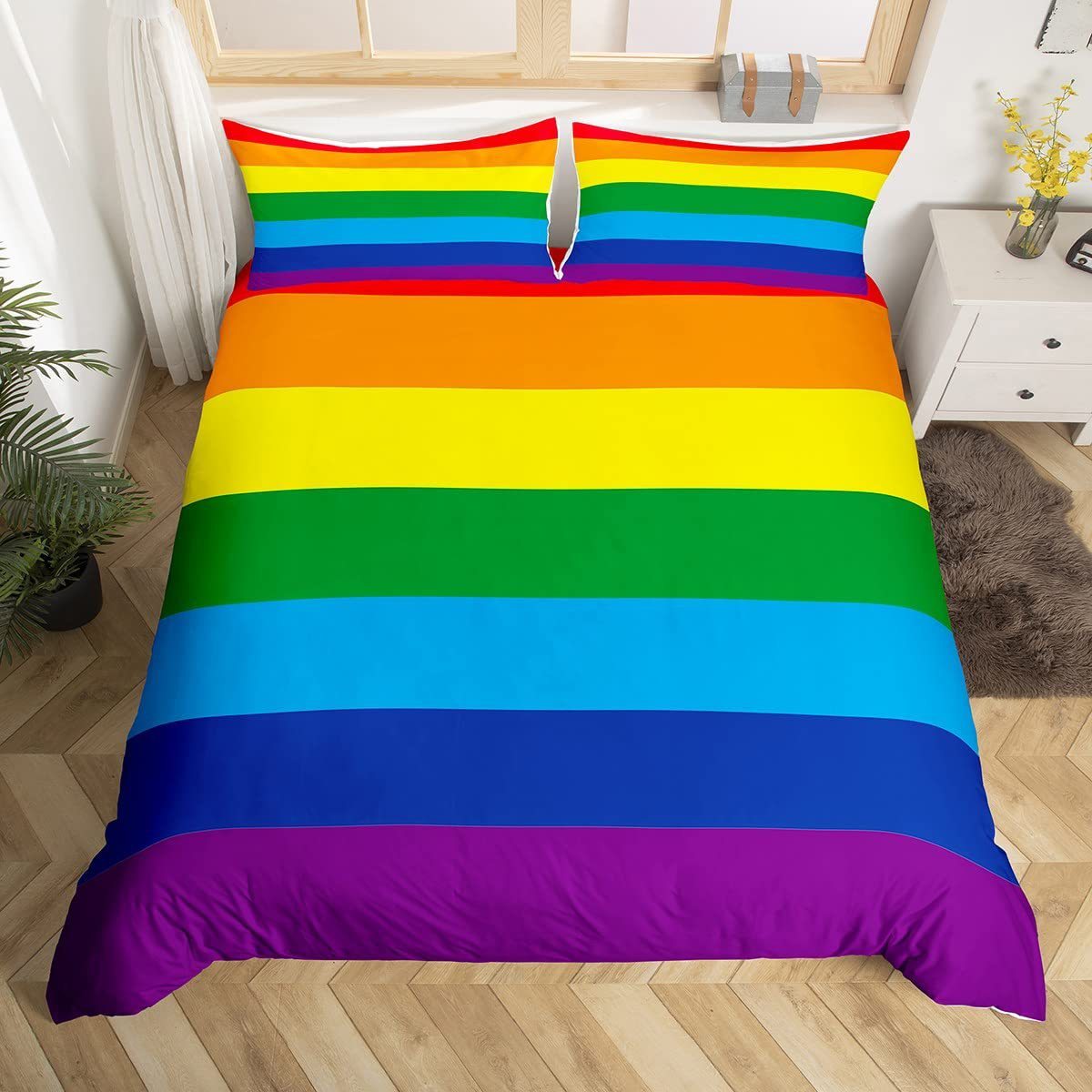 HKM-111763 Rainbow Striped Print Down Quilt Cover Set - Modern Three-Piece Bedding Ensemble