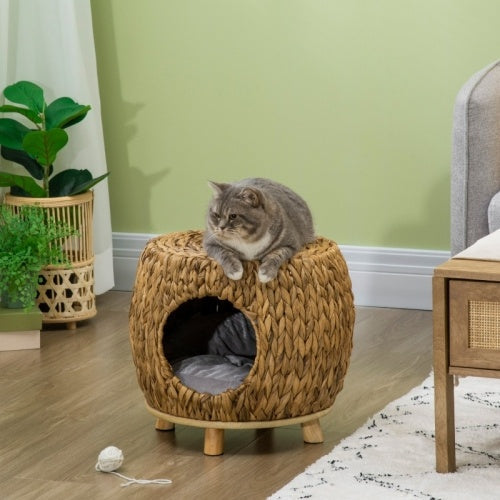 HKM-111763 Wicker Cat Bed and Stool with Washable Cushion, 44 x 43 x 41 cm, Brown Rattan