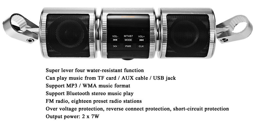 HKM-112083 Waterproof Bluetooth Motorcycle Speakers with FM Radio, USB and AUX Audio Player