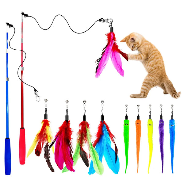 HKM-112275 Eco-Friendly Plush Cat Toy Set with Retractable Rod and Feather Replacement Head for Interactive Play