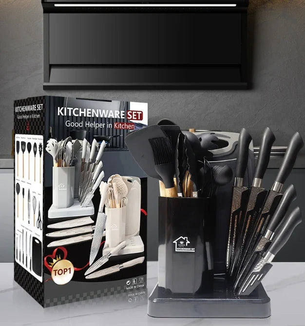 HKM-112467 19-Piece Kitchen Knife Set with Block - Professional Cutting Boards, Dishwasher Safe, Soft Handle