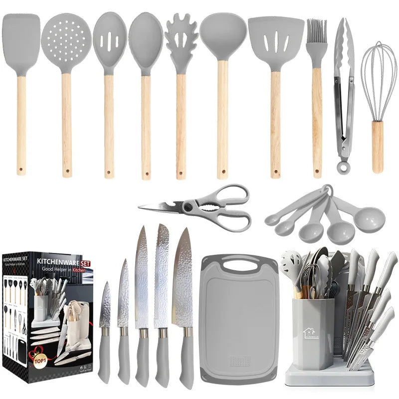 HKM-112467 19-Piece Kitchen Knife Set with Block - Professional Cutting Boards, Dishwasher Safe, Soft Handle