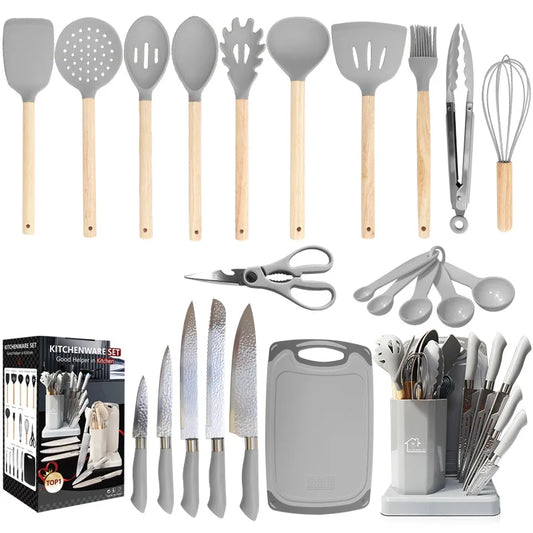 HKM-112467 19-Piece Kitchen Knife Set with Block - Professional Cutting Boards, Dishwasher Safe, Soft Handle