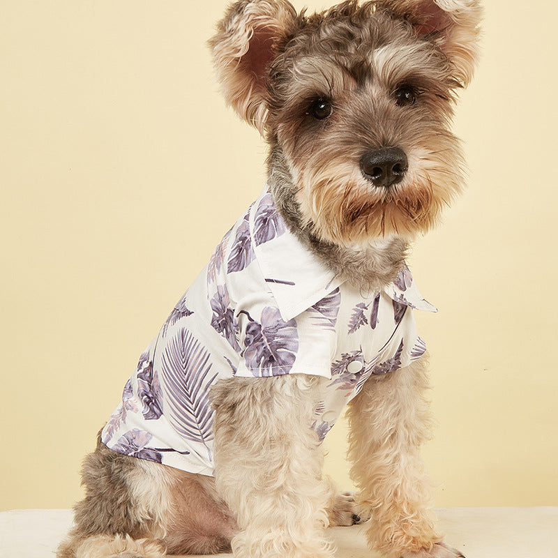 HKM-1129021 Hawaiian Vacation Dog Shirt in Cotton - Purple and Green, Sizes XS to XL