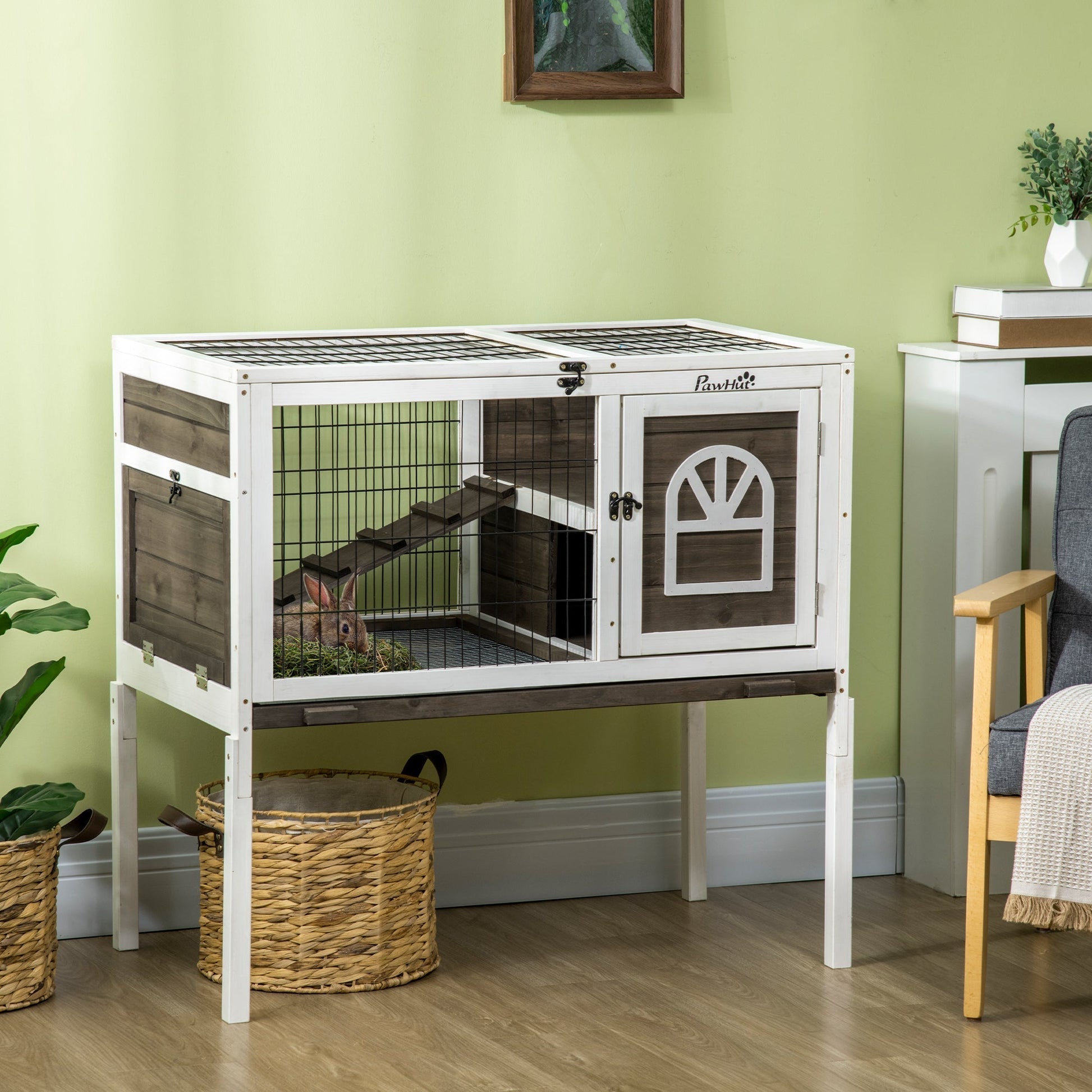 HKM-1134269 Elevated Coffee Wood Rabbit Hutch with Metal Run for Small Animals