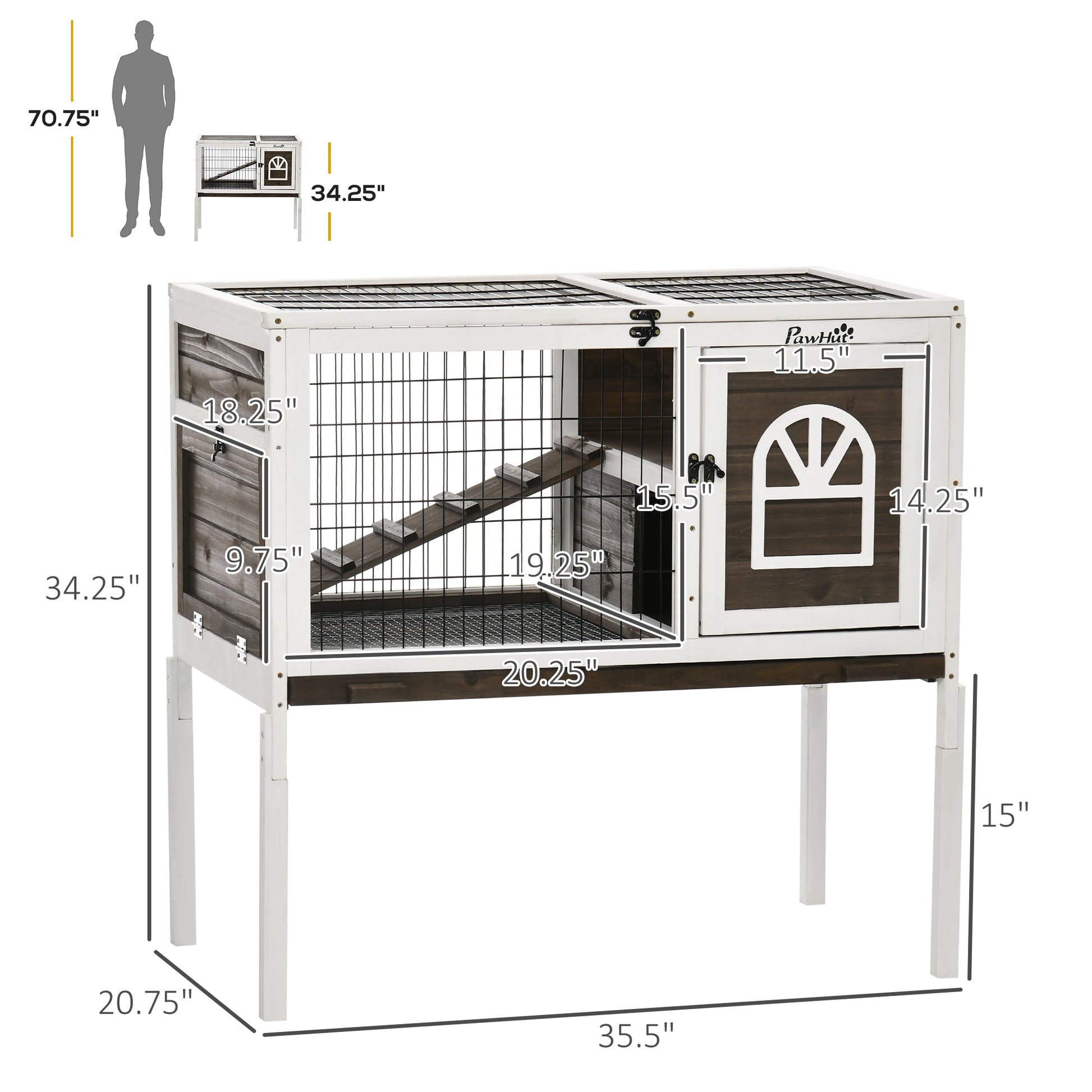 HKM-1134269 Elevated Coffee Wood Rabbit Hutch with Metal Run for Small Animals
