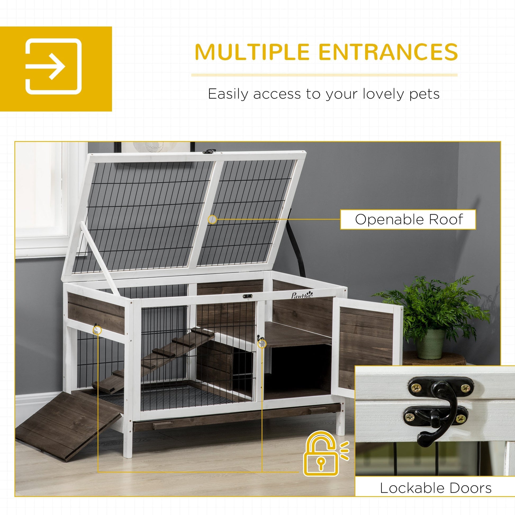 HKM-1134269 Elevated Coffee Wood Rabbit Hutch with Metal Run for Small Animals