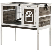 HKM-1134269 Elevated Coffee Wood Rabbit Hutch with Metal Run for Small Animals
