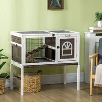 HKM-1134269 Elevated Coffee Wood Rabbit Hutch with Metal Run for Small Animals