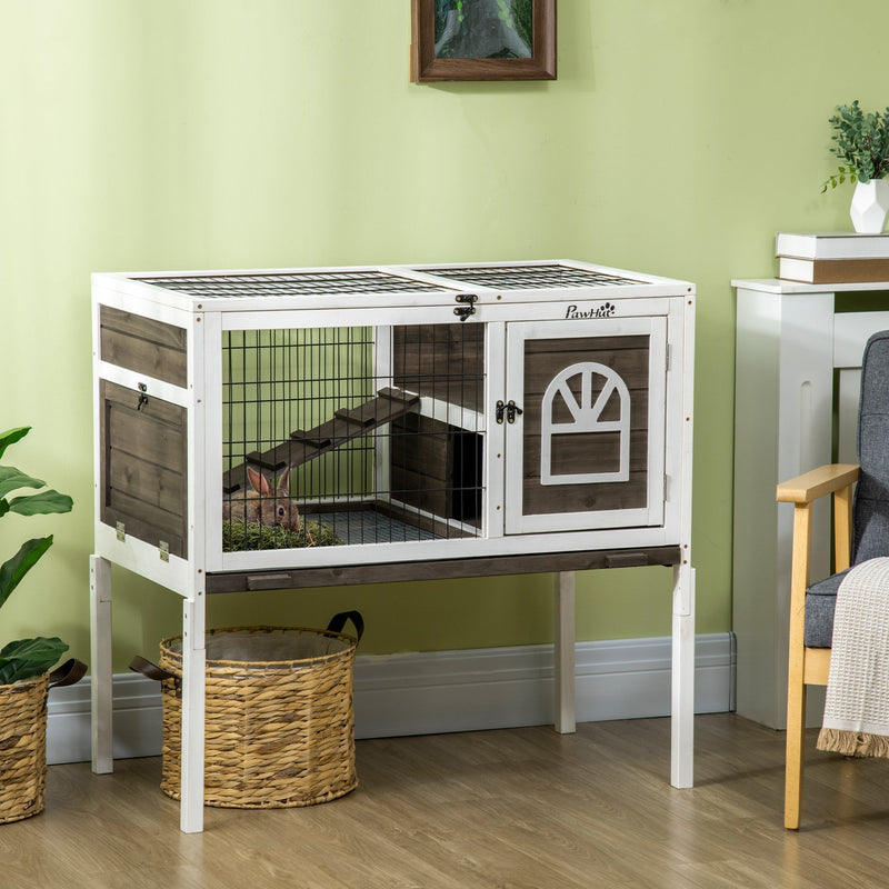 HKM-1134269 Elevated Coffee Wood Rabbit Hutch with Metal Run for Small Animals