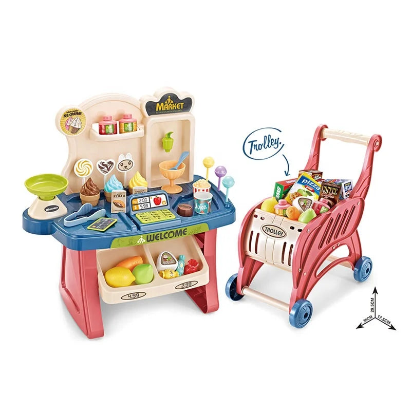 HKM-113427 Mini Plastic Cash Register Table and Shopping Cart Playset for Kids Ages 2-7