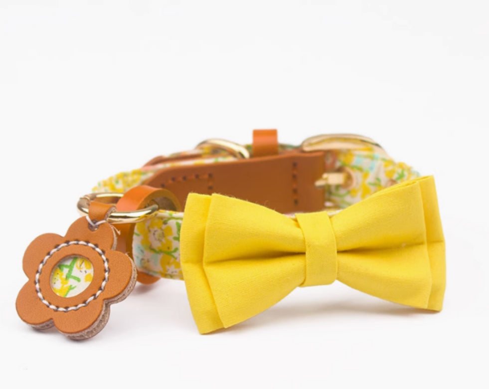 HKM-1136189 Floral Cotton and Cowhide Pet Dog Collar with Hand Holding Rope
