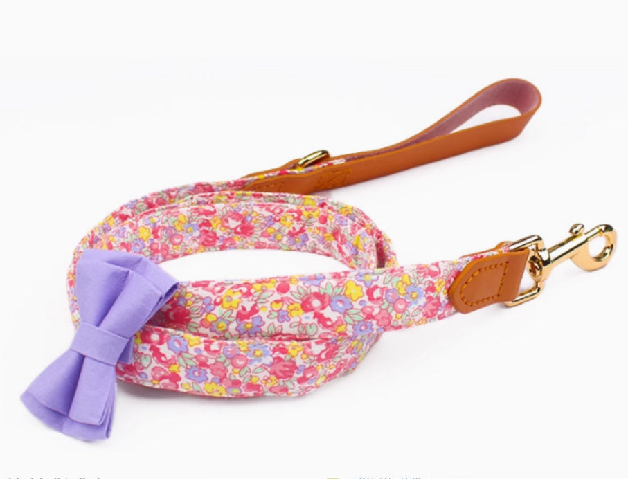 HKM-1136189 Floral Cotton and Cowhide Pet Dog Collar with Hand Holding Rope
