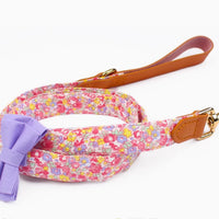HKM-1136189 Floral Cotton and Cowhide Pet Dog Collar with Hand Holding Rope