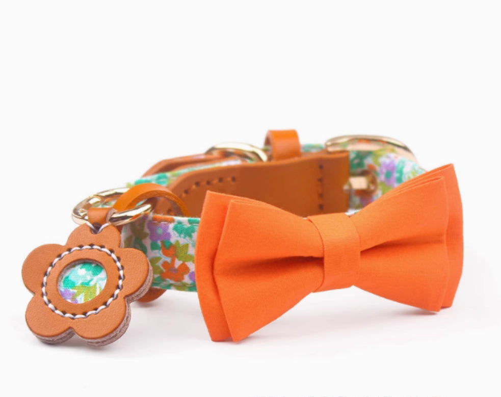 HKM-1136189 Floral Cotton and Cowhide Pet Dog Collar with Hand Holding Rope