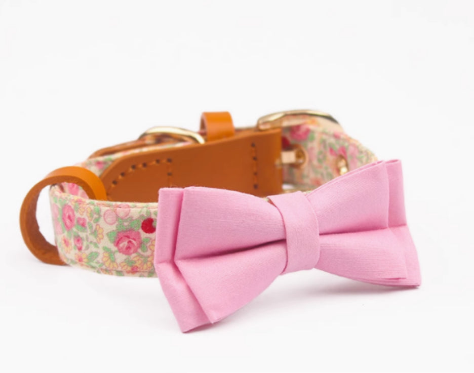 HKM-1136189 Floral Cotton and Cowhide Pet Dog Collar with Hand Holding Rope