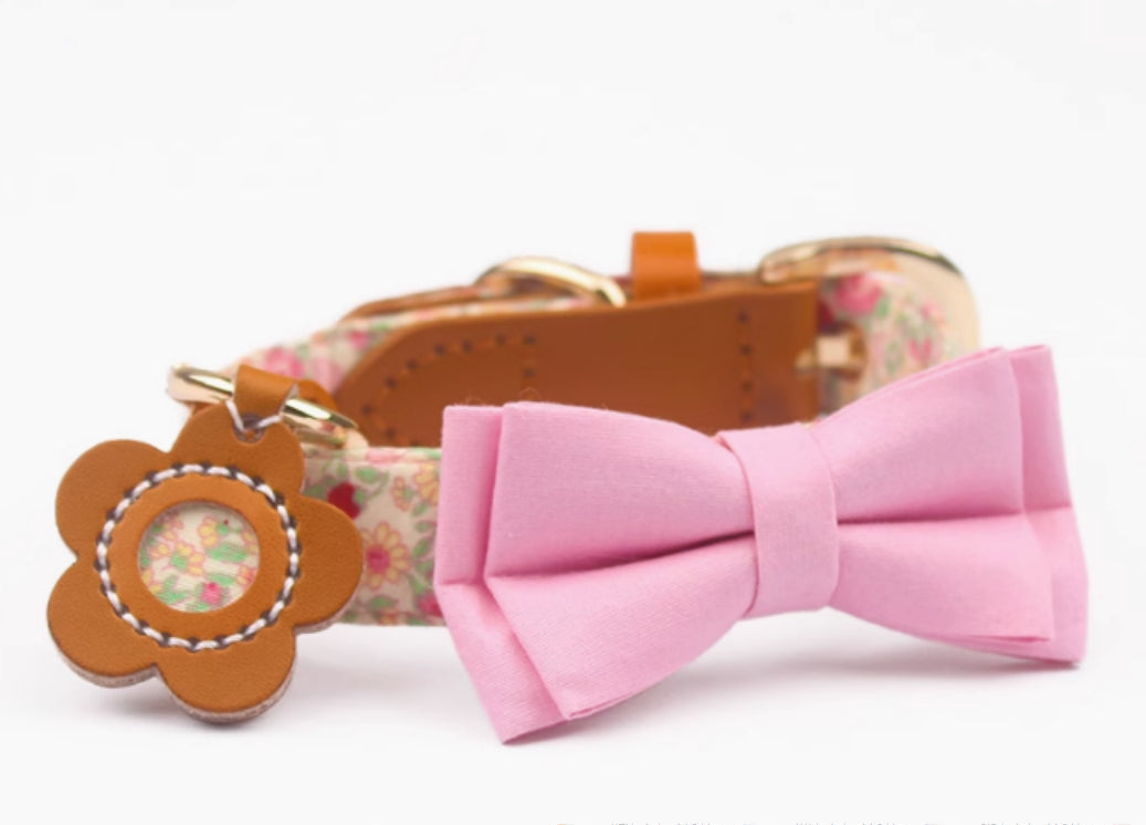 HKM-1136189 Floral Cotton and Cowhide Pet Dog Collar with Hand Holding Rope