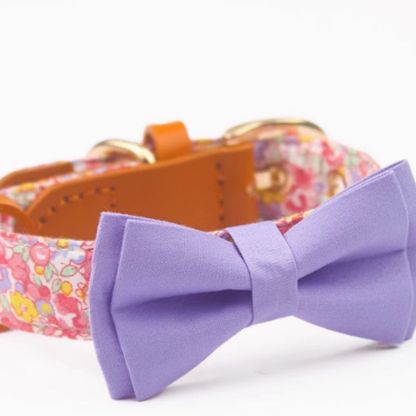 HKM-1136189 Floral Cotton and Cowhide Pet Dog Collar with Hand Holding Rope