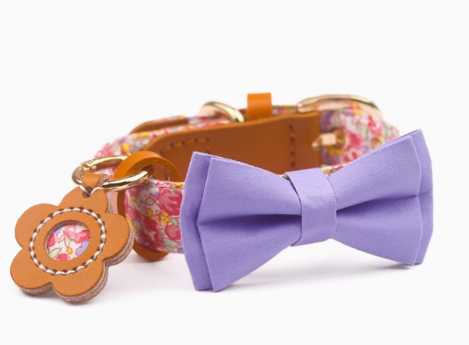 HKM-1136189 Floral Cotton and Cowhide Pet Dog Collar with Hand Holding Rope