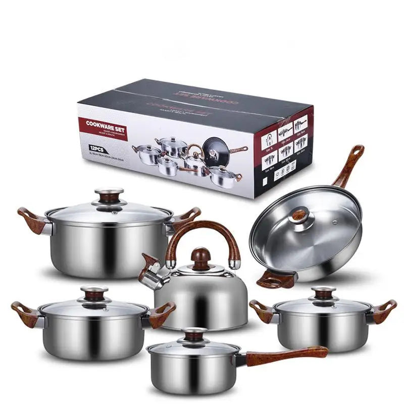 HKM-113619 Stainless Steel Nonstick Cookware Set with Casseroles - 12-Piece Kitchen Pot and Pan Set