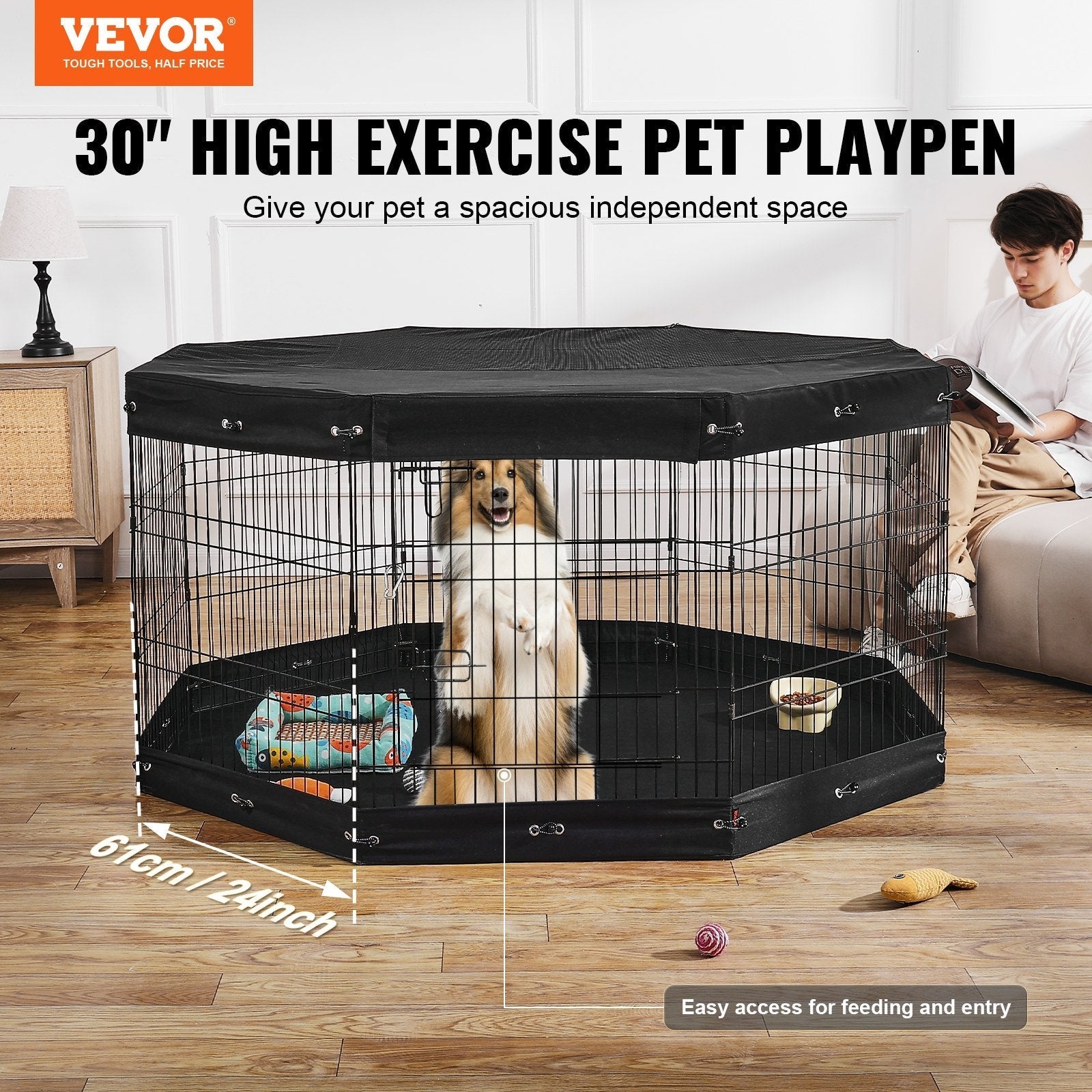 HKM-1137981 Foldable 8-Panel Metal Dog Exercise Playpen with Waterproof Cover, 30" Height, Perfect for Medium Pets