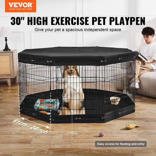 HKM-1137981 Foldable 8-Panel Metal Dog Exercise Playpen with Waterproof Cover, 30" Height, Perfect for Medium Pets