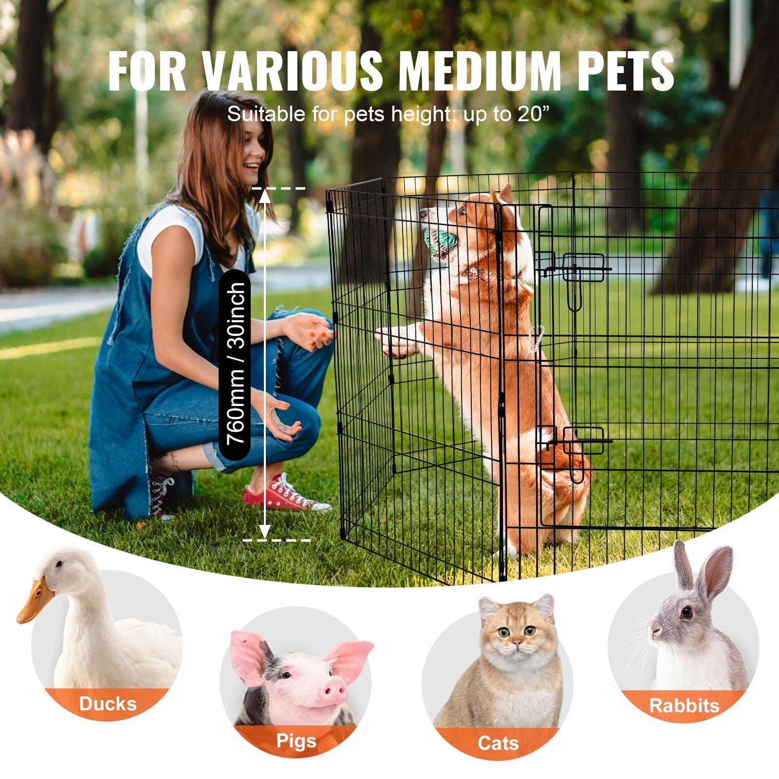 HKM-1137981 Foldable 8-Panel Metal Dog Exercise Playpen with Waterproof Cover, 30" Height, Perfect for Medium Pets