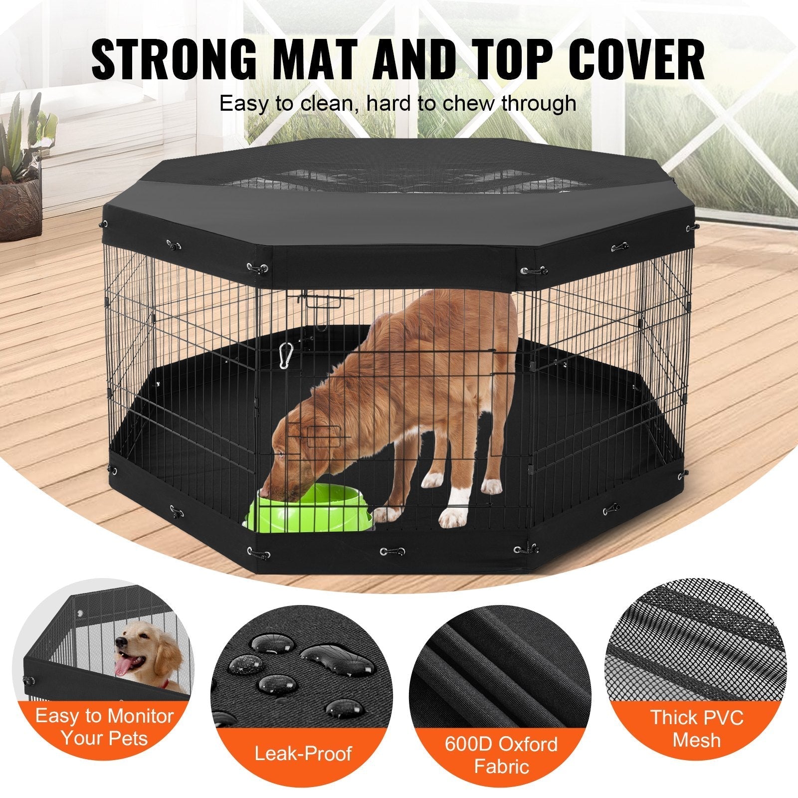 HKM-1137981 Foldable 8-Panel Metal Dog Exercise Playpen with Waterproof Cover, 30" Height, Perfect for Medium Pets