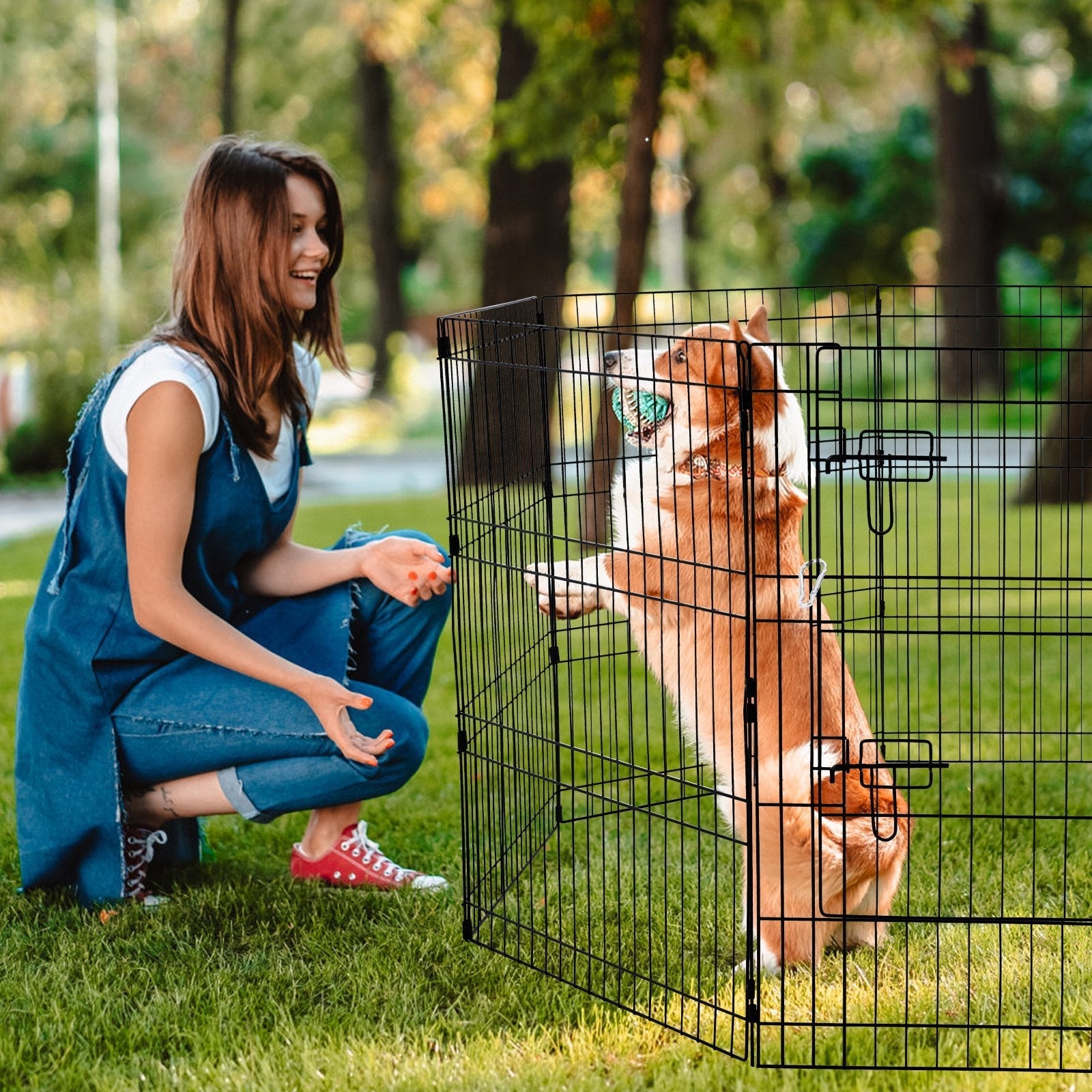 HKM-1137981 Foldable 8-Panel Metal Dog Exercise Playpen with Waterproof Cover, 30" Height, Perfect for Medium Pets