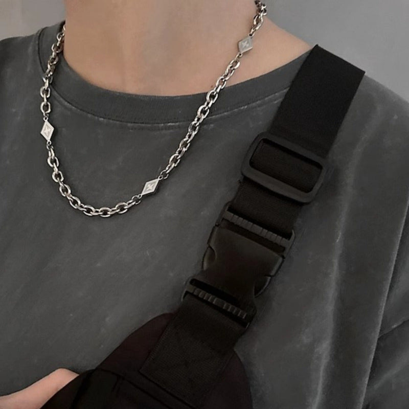 HKM-1139005 Unisex Asterism Diamond Necklace with Cuban Link Chain in Titanium Steel