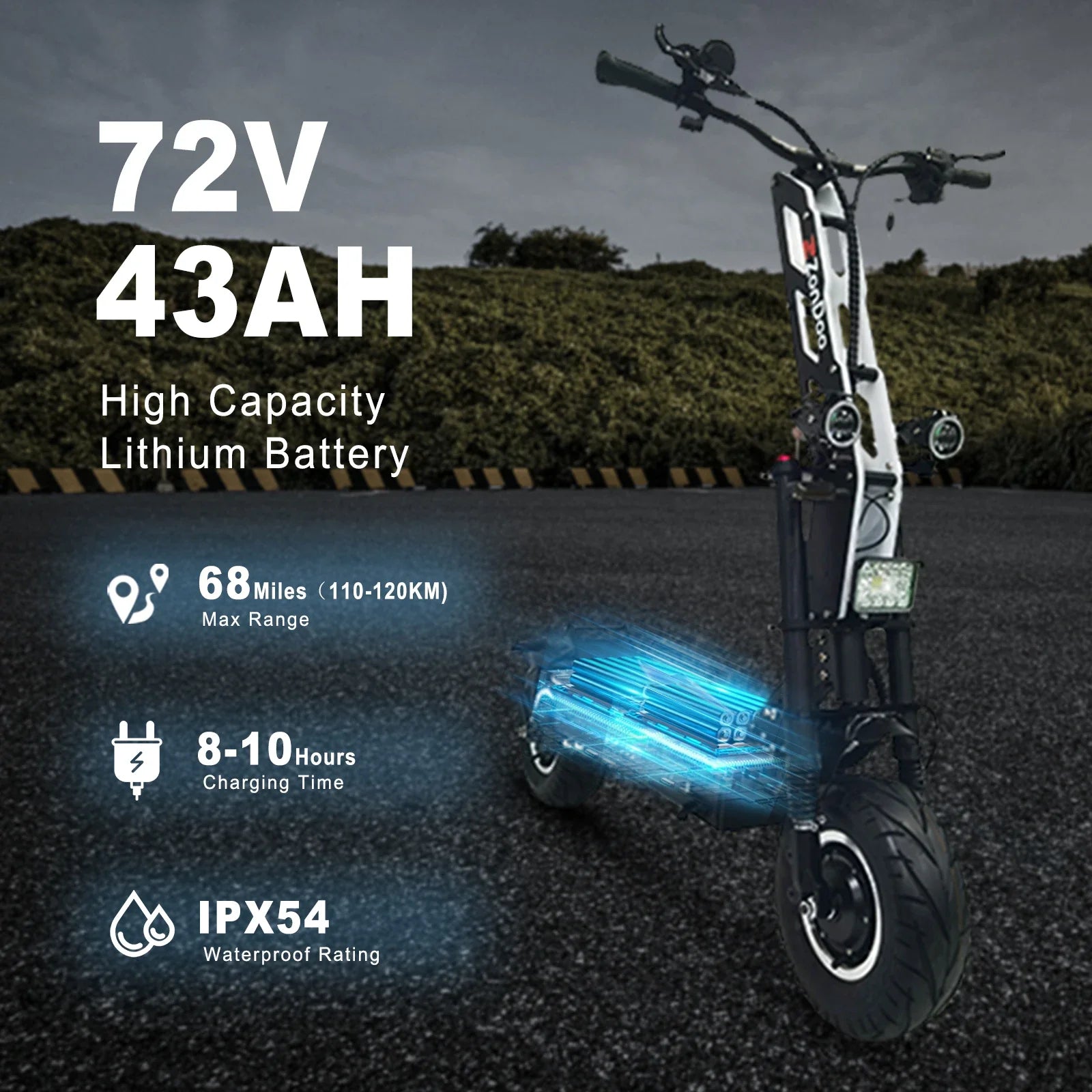 HKM-113939 72V Dual Motor Folding Electric Scooter, 4000W Power, Max Speed 68MPH, 13-Inch Tires