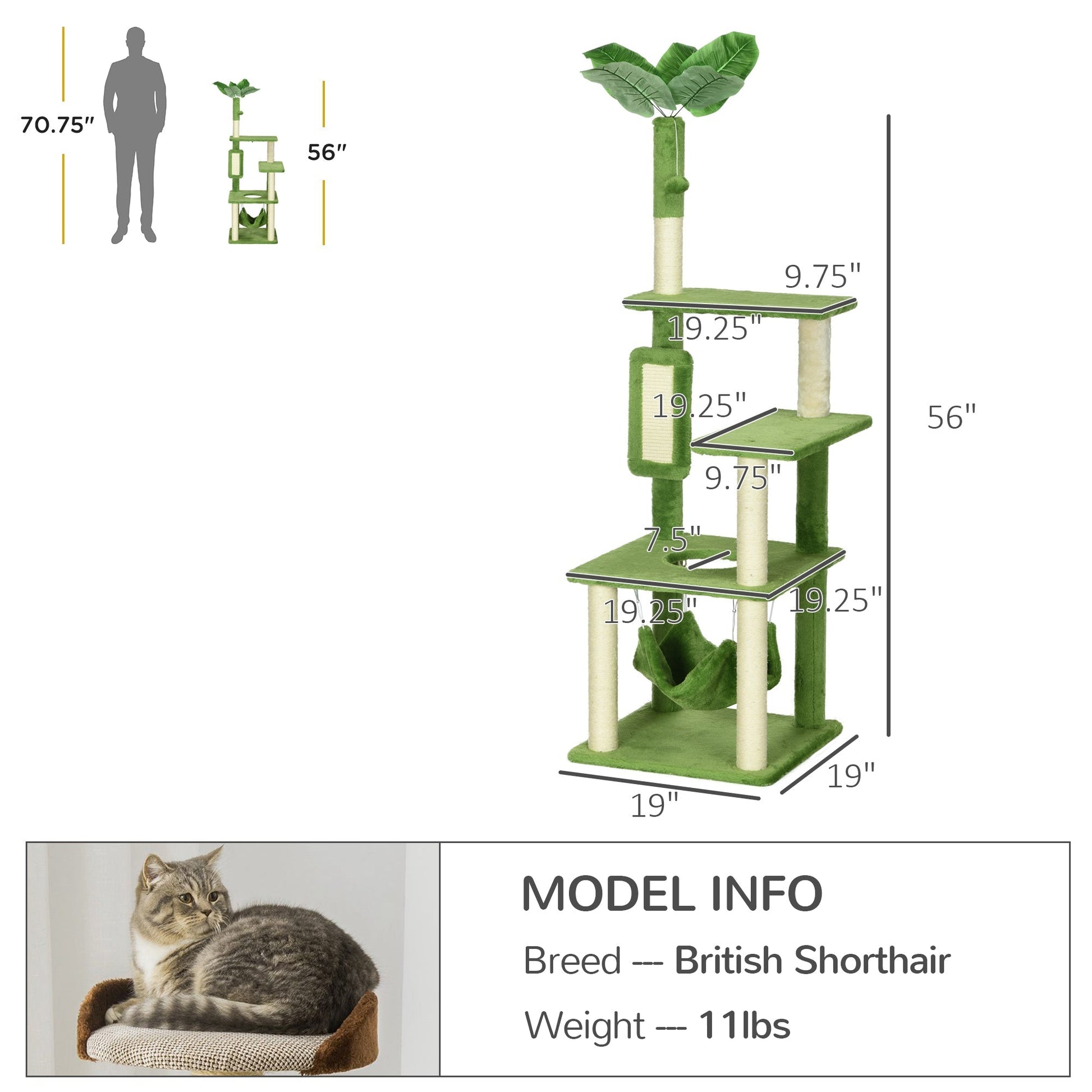 HKM-1145405 Indoor Cat Tree with Hammock, Multi-Level Climbing Tower & Scratching Posts, Green