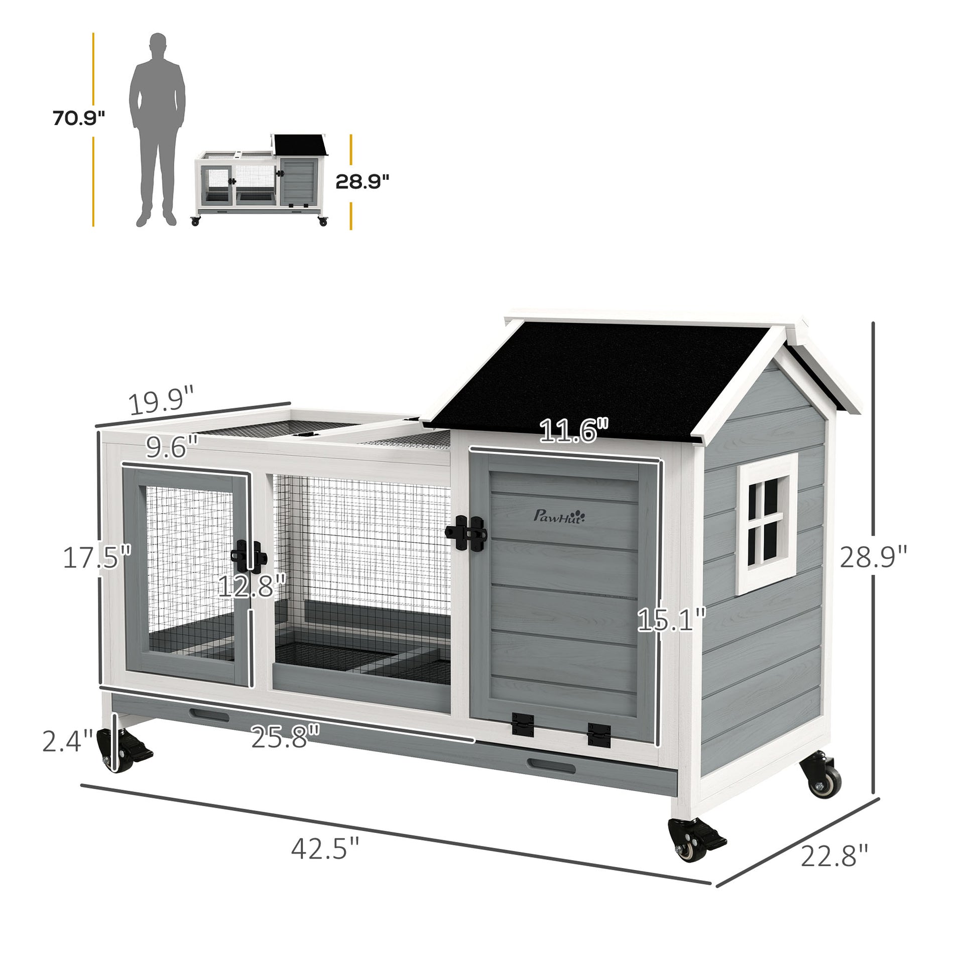 HKM-1145789 Spacious Wooden Rabbit Hutch with Wheels and Removable Tray for Small Animals