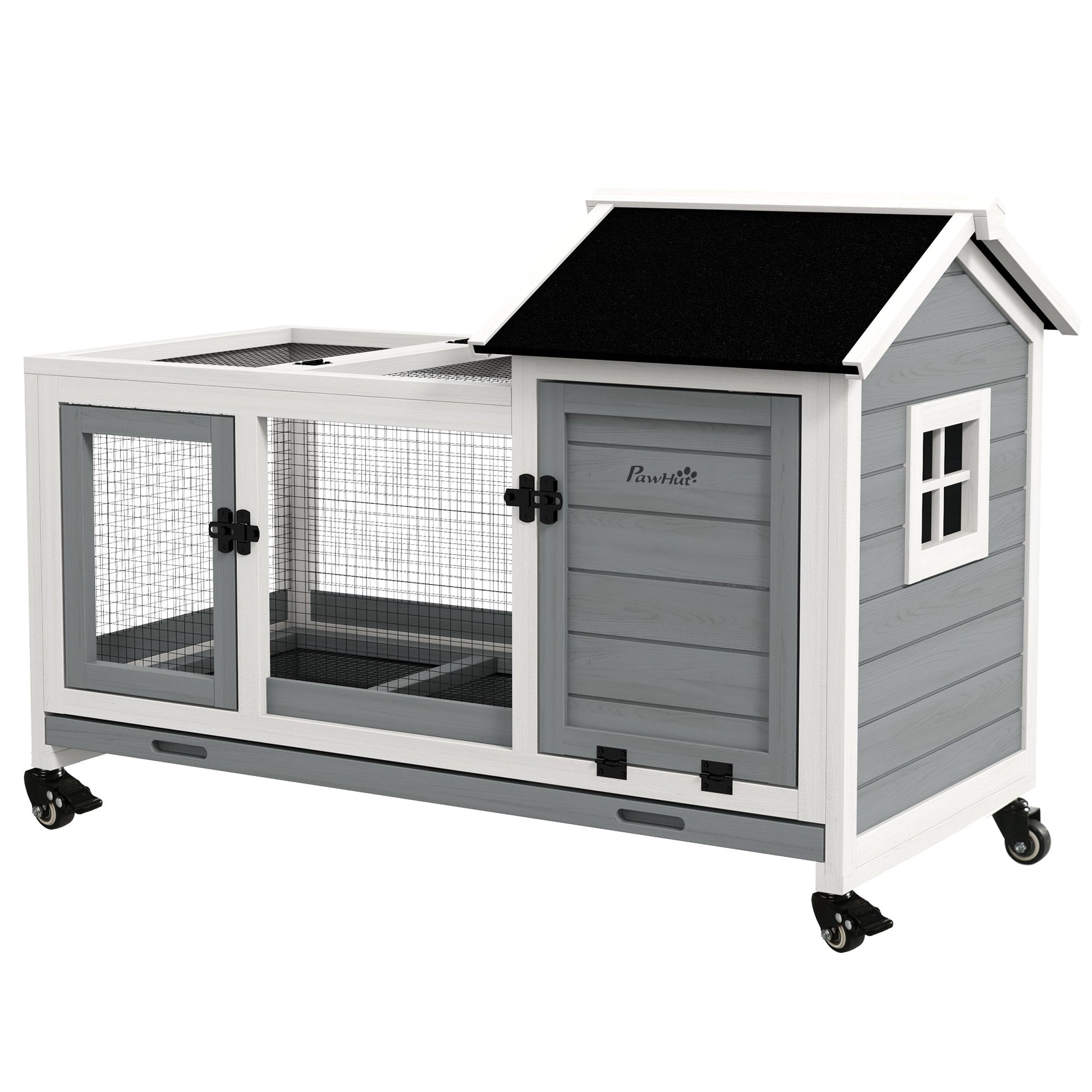 HKM-1145789 Spacious Wooden Rabbit Hutch with Wheels and Removable Tray for Small Animals